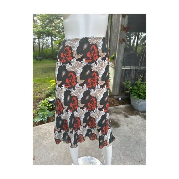 Vtg | 90s Chiffon Floral A-Line Skirt Fairycore Green Tan Orange Elastic Waist S - Picture 1 of 7